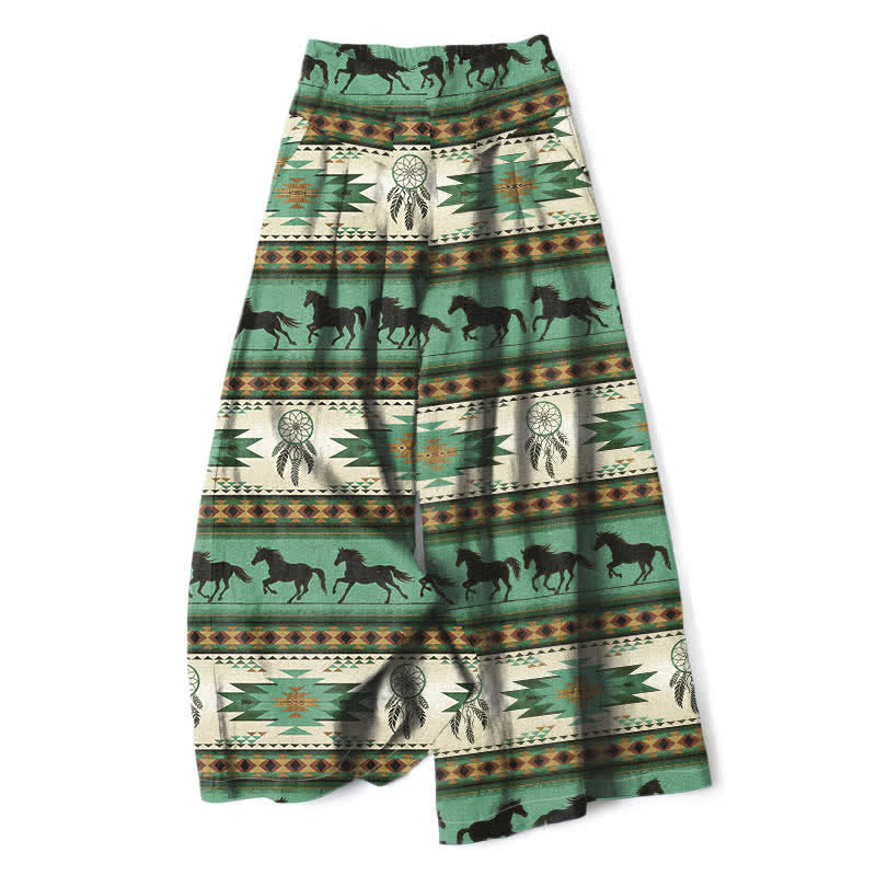 Buddha Stones Baumwoll-Leinen-Hose mit Pferde-Traumfänger-Muster, elastischem Bund, weitem Bein und Taschen - Mittelseegrün - US16, UK/AU20, EU48 (3XL) - image 7