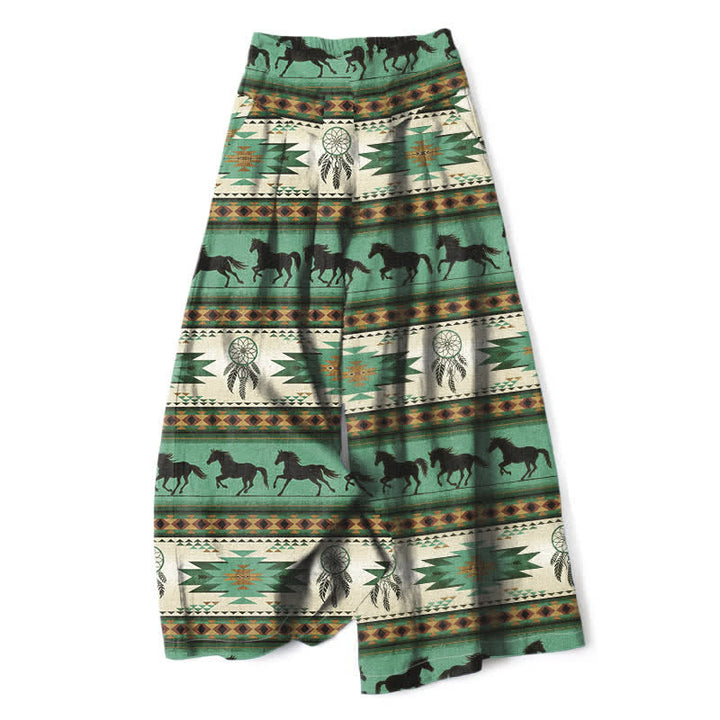 Buddha Stones Baumwoll-Leinen-Hose mit Pferde-Traumfänger-Muster, elastischem Bund, weitem Bein und Taschen - Mittelseegrün - US16, UK/AU20, EU48 (3XL) - image 7