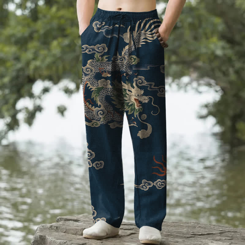 Buddha Stones Herrenhose aus Baumwolle mit Drachen- und Wolkenmuster, schmal zulaufend und mit Taschen - Marine - US/ UK/AU50, EU60 (5XL) - image 6