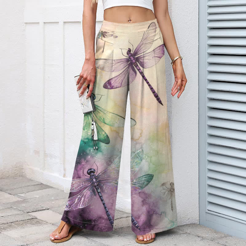 Buddha Stones Baumwoll-Leinen-Hose mit Aquarell-Libellenmuster, elastischem Bund, weitem Bein und Taschen - image 1