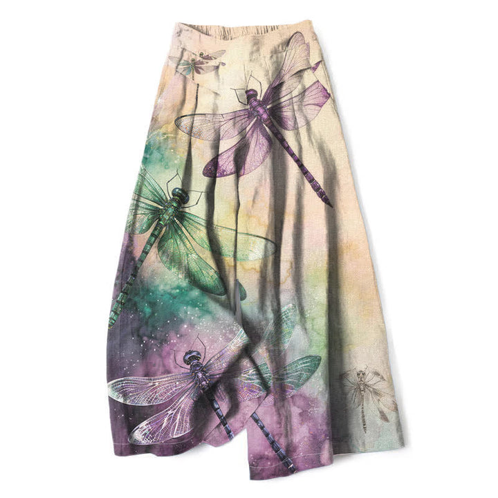 Buddha Stones Baumwoll-Leinen-Hose mit Aquarell-Libellenmuster, elastischem Bund, weitem Bein und Taschen - Leinen - US16, UK/AU20, EU48 (3XL) - image 0