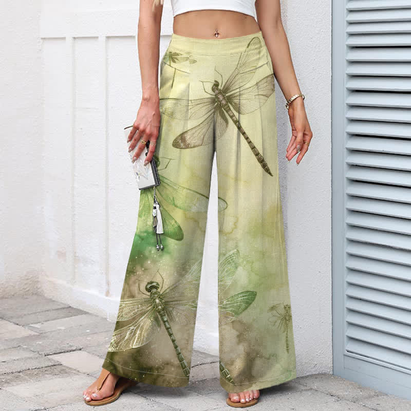 Buddha Stones Baumwoll-Leinen-Hose mit Aquarell-Libellenmuster, elastischem Bund, weitem Bein und Taschen - image 6