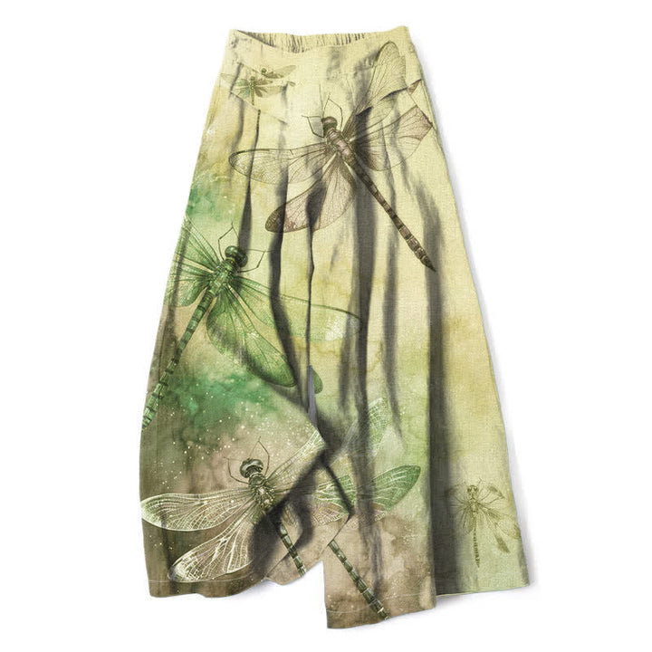 Buddha Stones Baumwoll-Leinen-Hose mit Aquarell-Libellenmuster, elastischem Bund, weitem Bein und Taschen - Khaki - US16, UK/AU20, EU48 (3XL) - image 5