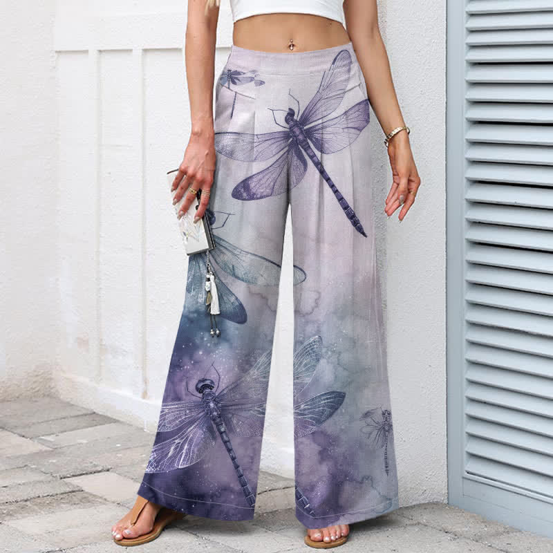 Buddha Stones Baumwoll-Leinen-Hose mit Aquarell-Libellenmuster, elastischem Bund, weitem Bein und Taschen - image 8