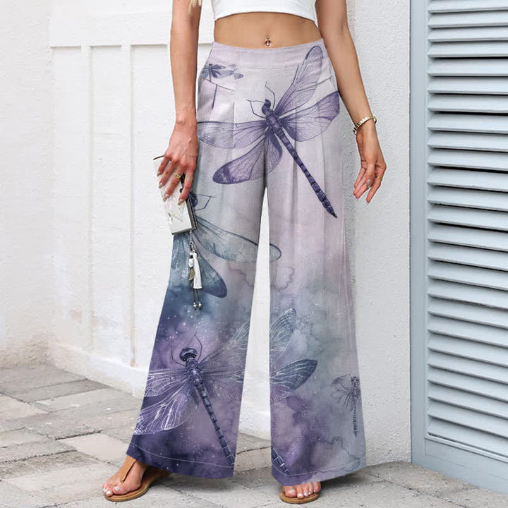 Buddha Stones Baumwoll-Leinen-Hose mit Aquarell-Libellenmuster, elastischem Bund, weitem Bein und Taschen - image 8