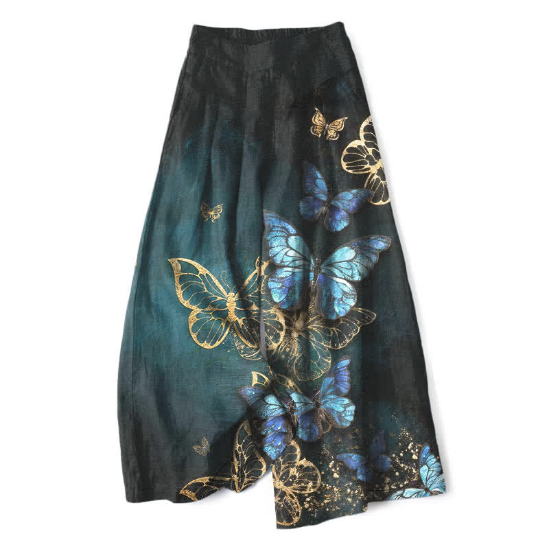 Buddha Stones Baumwoll-Leinen-Hose mit Schmetterlingsmuster, elastischem Bund, weitem Bein und Taschen - Schwarz - US16, UK/AU20, EU48 (3XL) - image 0