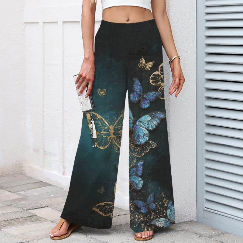 Buddha Stones Baumwoll-Leinen-Hose mit Schmetterlingsmuster, elastischem Bund, weitem Bein und Taschen - image 1