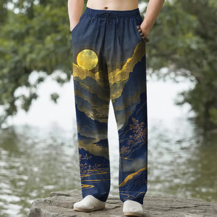 Buddha Stones Baumwollhose für Herren mit goldenem Bergmuster bei Sonnenaufgang, schmal zulaufender Schnitt und Taschen - Marine - US/ UK/AU50, EU60 (5XL) - image 6
