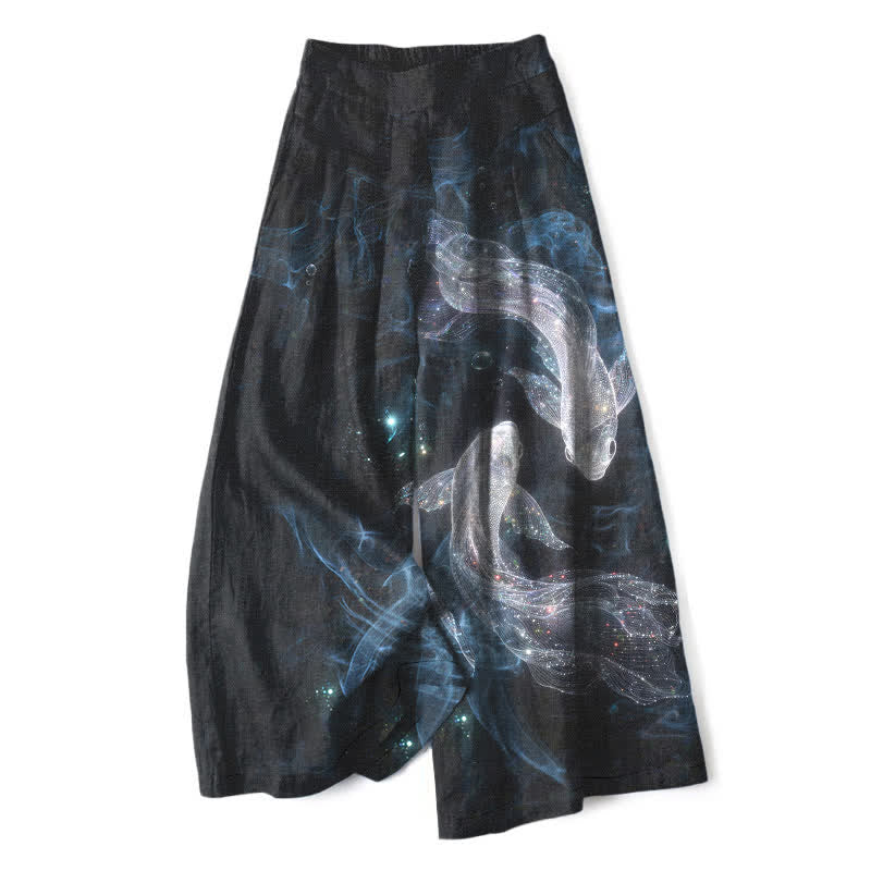 Buddha Stones Damenhose aus Baumwoll-Leinen-Mischgewebe mit mystischem Fischmuster, elastischem Bund, weitem Bein und Taschen - Schwarz - US16, UK/AU20, EU48 (3XL) - image 0