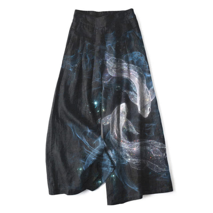 Buddha Stones Damenhose aus Baumwoll-Leinen-Mischgewebe mit mystischem Fischmuster, elastischem Bund, weitem Bein und Taschen - Schwarz - US16, UK/AU20, EU48 (3XL) - image 0