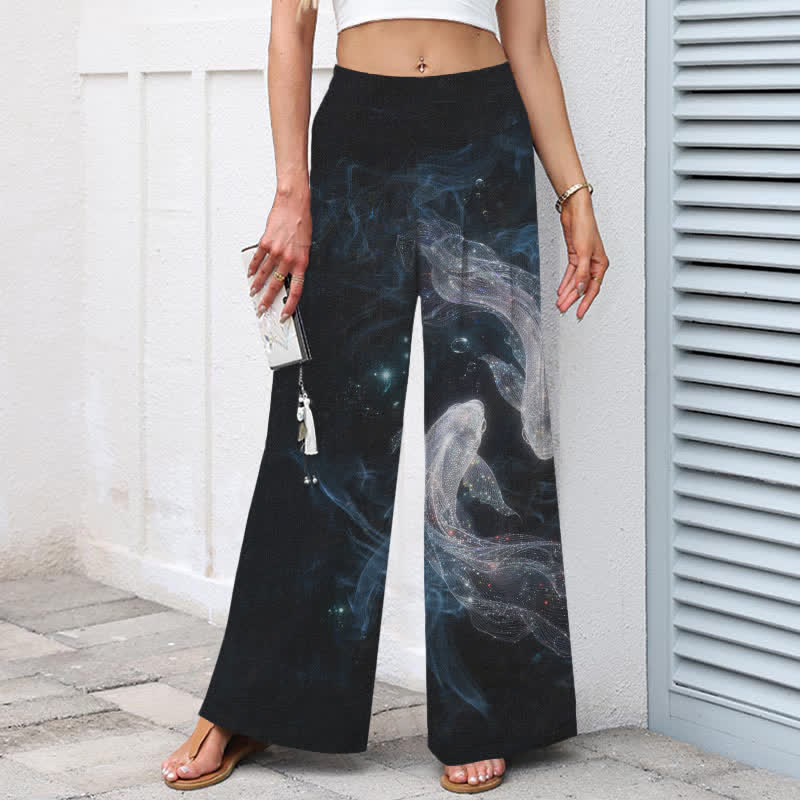 Buddha Stones Damenhose aus Baumwoll-Leinen-Mischgewebe mit mystischem Fischmuster, elastischem Bund, weitem Bein und Taschen - image 1