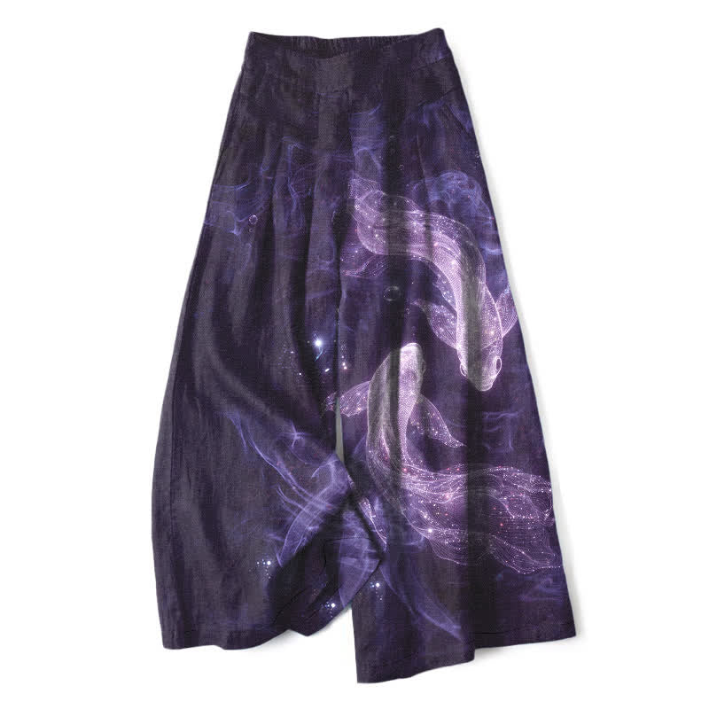 Buddha Stones Damenhose aus Baumwoll-Leinen-Mischgewebe mit mystischem Fischmuster, elastischem Bund, weitem Bein und Taschen - Indigo - US16, UK/AU20, EU48 (3XL) - image 5