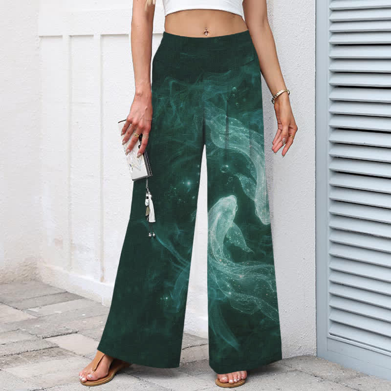 Buddha Stones Damenhose aus Baumwoll-Leinen-Mischgewebe mit mystischem Fischmuster, elastischem Bund, weitem Bein und Taschen - image 8