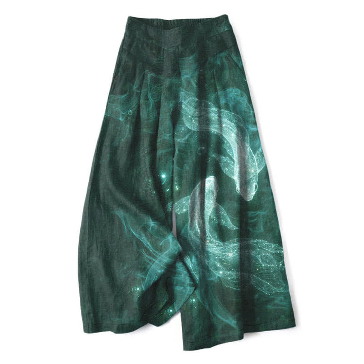 Buddha Stones Damenhose aus Baumwoll-Leinen-Mischgewebe mit mystischem Fischmuster, elastischem Bund, weitem Bein und Taschen - Türkis - US16, UK/AU20, EU48 (3XL) - image 7