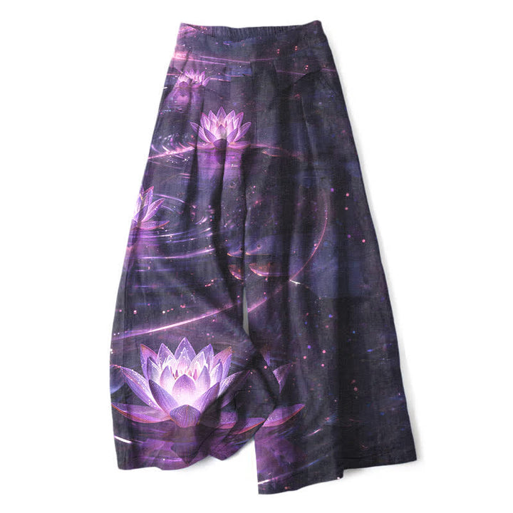 Buddha Stones Damenhose mit weitem Bein, elastischem Bund und Taschen, Baumwoll-Leinen-Mischgewebe mit Lotus- und Galaxienmuster - Indigo - US16, UK/AU20, EU48 (3XL) - image 0