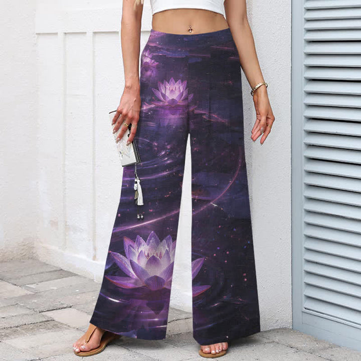 Buddha Stones Damenhose mit weitem Bein, elastischem Bund und Taschen, Baumwoll-Leinen-Mischgewebe mit Lotus- und Galaxienmuster - image 1