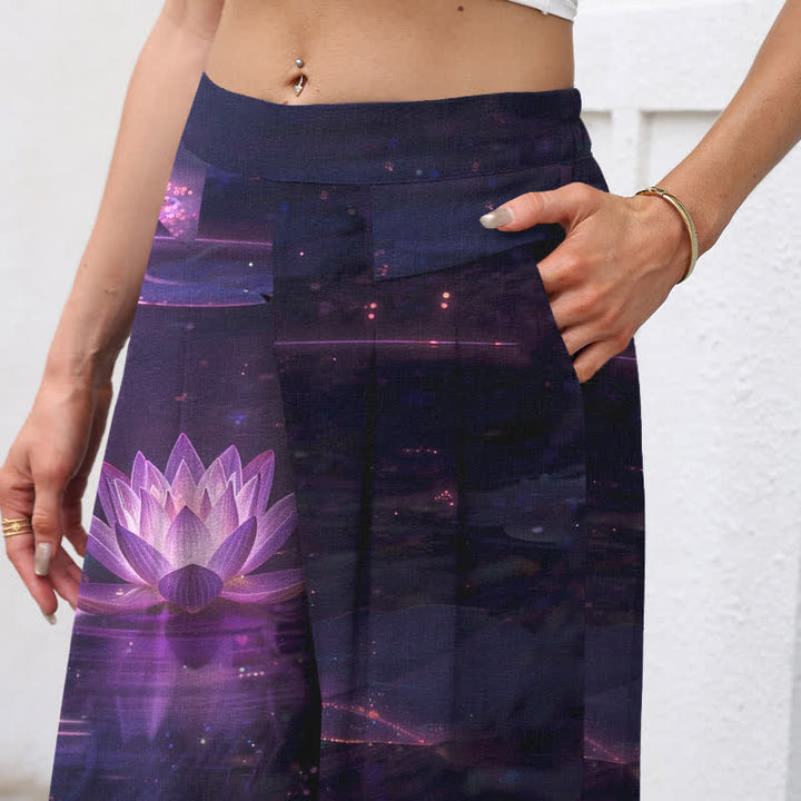Buddha Stones Damenhose mit weitem Bein, elastischem Bund und Taschen, Baumwoll-Leinen-Mischgewebe mit Lotus- und Galaxienmuster - image 2