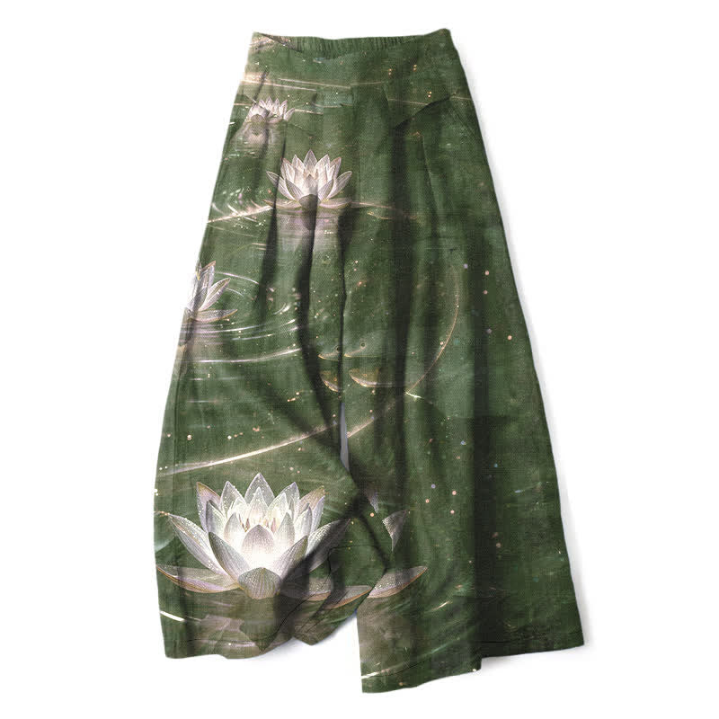 Buddha Stones Damenhose mit weitem Bein, elastischem Bund und Taschen, Baumwoll-Leinen-Mischgewebe mit Lotus- und Galaxienmuster - Dunkelolivgrün - US16, UK/AU20, EU48 (3XL) - image 5