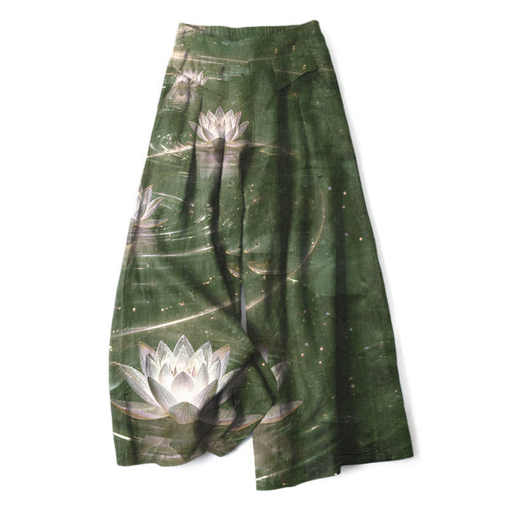 Buddha Stones Damenhose mit weitem Bein, elastischem Bund und Taschen, Baumwoll-Leinen-Mischgewebe mit Lotus- und Galaxienmuster - Dunkelolivgrün - US16, UK/AU20, EU48 (3XL) - image 5