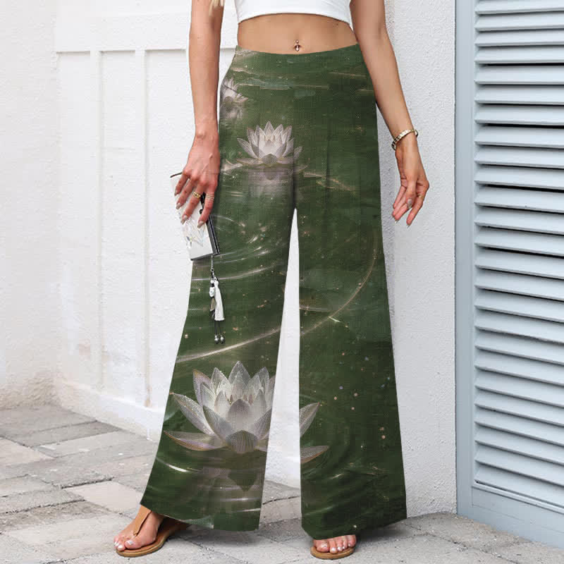 Buddha Stones Damenhose mit weitem Bein, elastischem Bund und Taschen, Baumwoll-Leinen-Mischgewebe mit Lotus- und Galaxienmuster - image 6