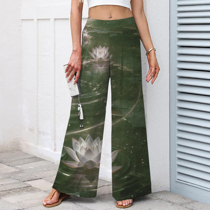 Buddha Stones Damenhose mit weitem Bein, elastischem Bund und Taschen, Baumwoll-Leinen-Mischgewebe mit Lotus- und Galaxienmuster - image 6