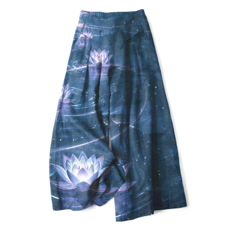 Buddha Stones Damenhose mit weitem Bein, elastischem Bund und Taschen, Baumwoll-Leinen-Mischgewebe mit Lotus- und Galaxienmuster - Dunkelblau - US16, UK/AU20, EU48 (3XL) - image 7