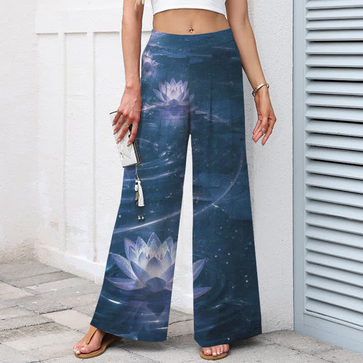Buddha Stones Damenhose mit weitem Bein, elastischem Bund und Taschen, Baumwoll-Leinen-Mischgewebe mit Lotus- und Galaxienmuster - image 8