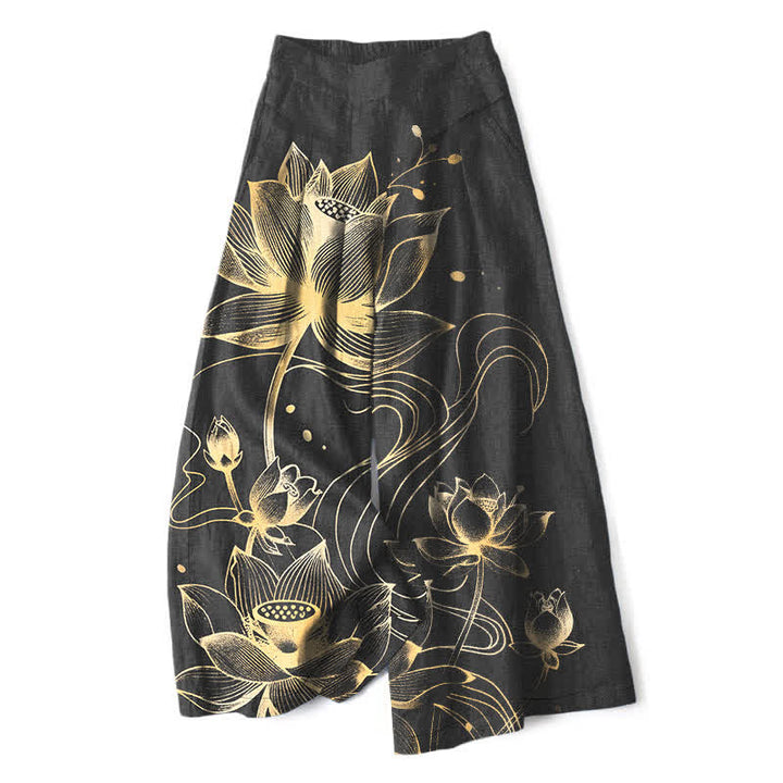 Buddha Stones Baumwoll-Leinen-Hose mit goldenem Lotusmuster, elastischem Bund, weitem Bein und Taschen - Schwarz - US16, UK/AU20, EU48 (3XL) - image 0