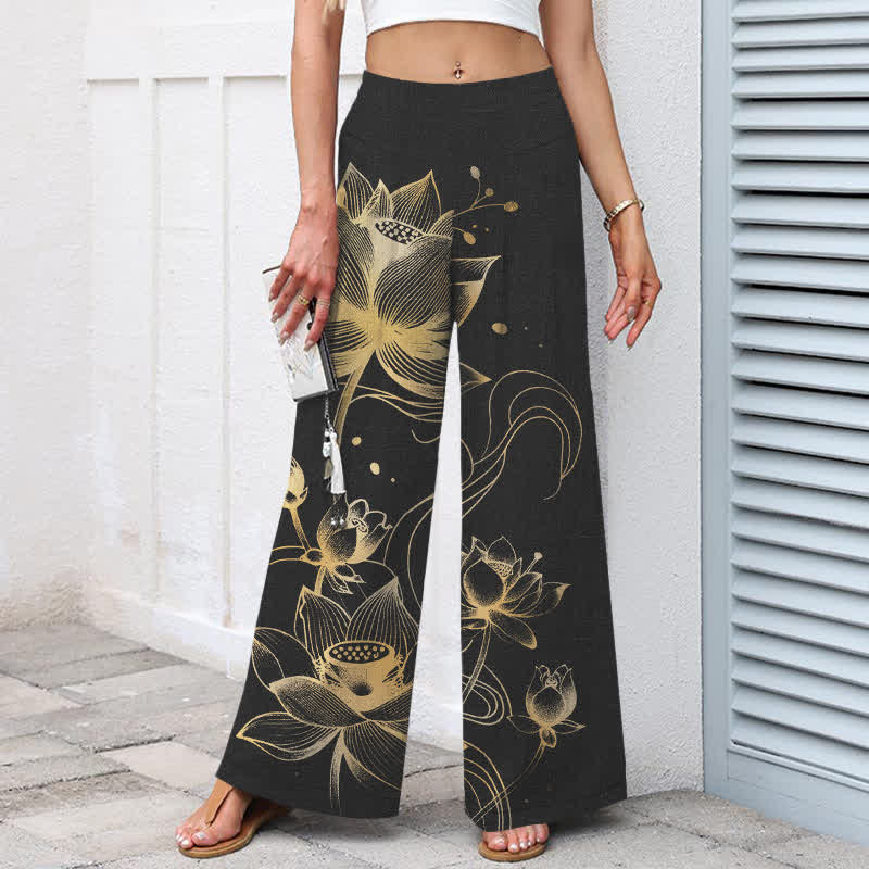 Buddha Stones Baumwoll-Leinen-Hose mit goldenem Lotusmuster, elastischem Bund, weitem Bein und Taschen - image 1