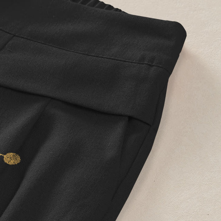 Buddha Stones Baumwoll-Leinen-Hose mit goldenem Lotusmuster, elastischem Bund, weitem Bein und Taschen - image 3