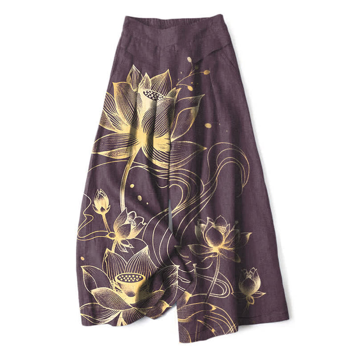 Buddha Stones Baumwoll-Leinen-Hose mit goldenem Lotusmuster, elastischem Bund, weitem Bein und Taschen - Lila - US16, UK/AU20, EU48 (3XL) - image 5