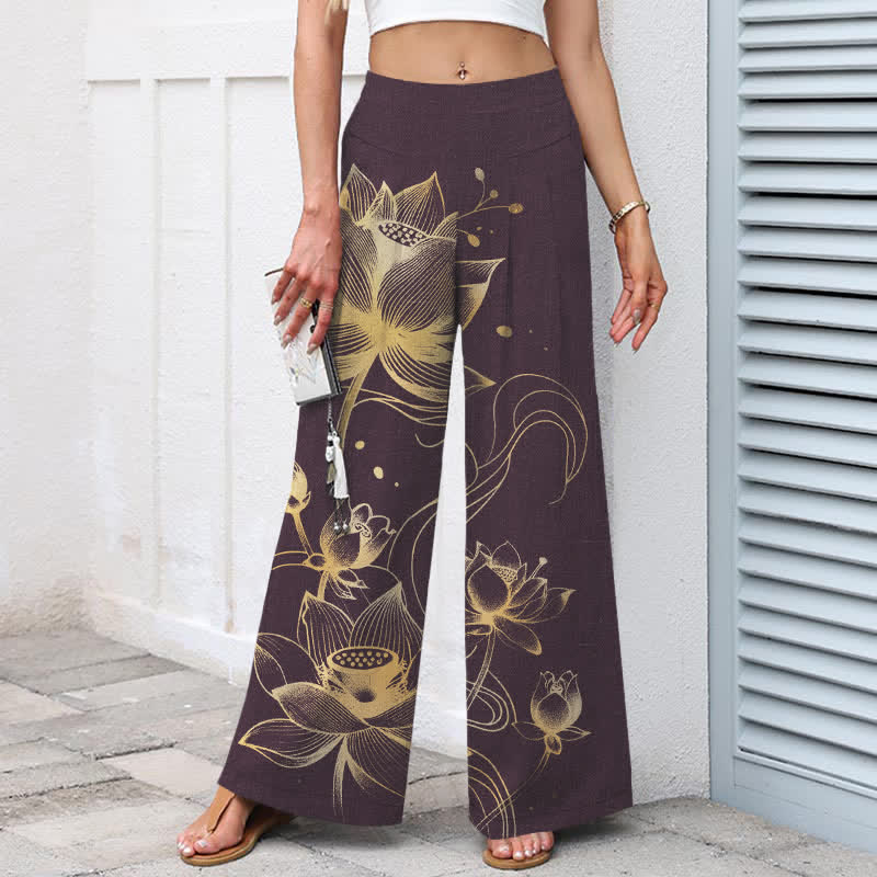 Buddha Stones Baumwoll-Leinen-Hose mit goldenem Lotusmuster, elastischem Bund, weitem Bein und Taschen - image 6