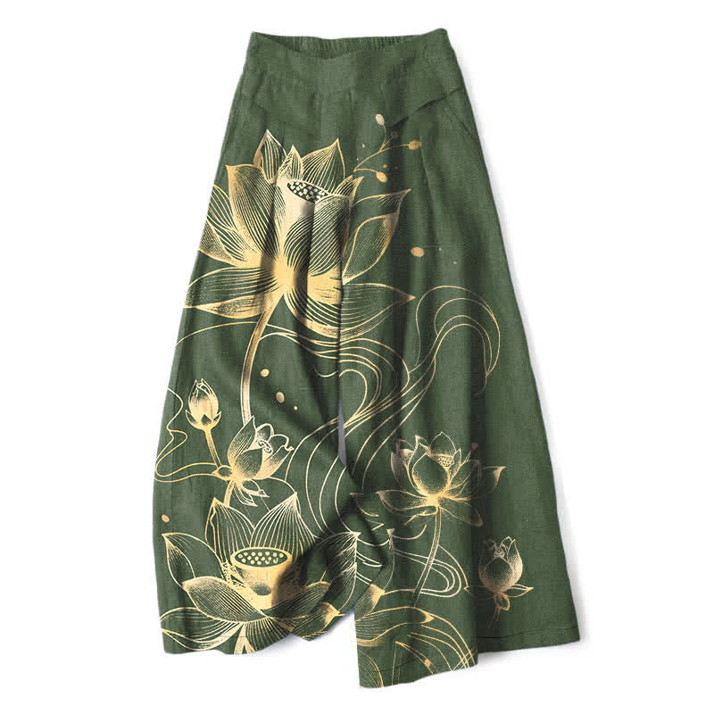 Buddha Stones Baumwoll-Leinen-Hose mit goldenem Lotusmuster, elastischem Bund, weitem Bein und Taschen - Dunkelolivgrün - US16, UK/AU20, EU48 (3XL) - image 7