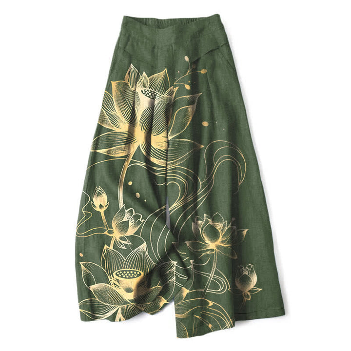 Buddha Stones Baumwoll-Leinen-Hose mit goldenem Lotusmuster, elastischem Bund, weitem Bein und Taschen - Dunkelolivgrün - US16, UK/AU20, EU48 (3XL) - image 7