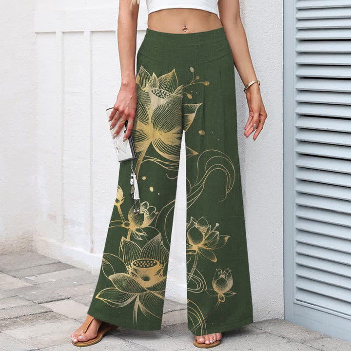 Buddha Stones Baumwoll-Leinen-Hose mit goldenem Lotusmuster, elastischem Bund, weitem Bein und Taschen - image 8
