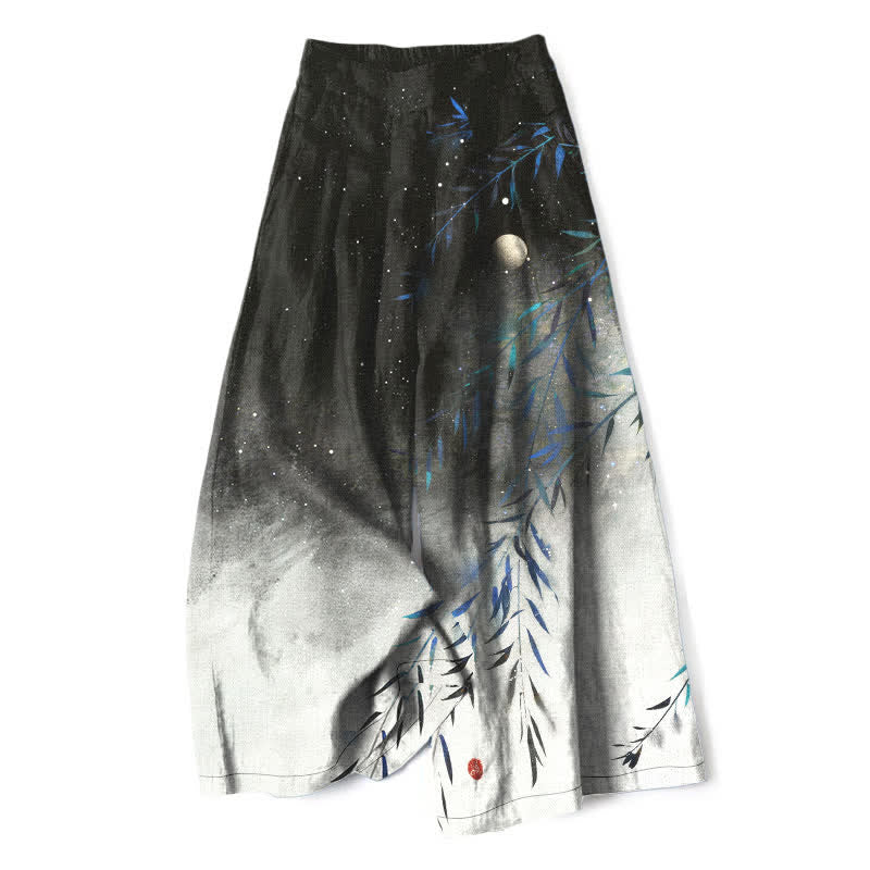 Buddha Stones Baumwoll-Leinen-Hose mit Mondschein-Bambusmuster, elastischem Bund, weitem Bein und Taschen - Schwarz - US16, UK/AU20, EU48 (3XL) - image 0