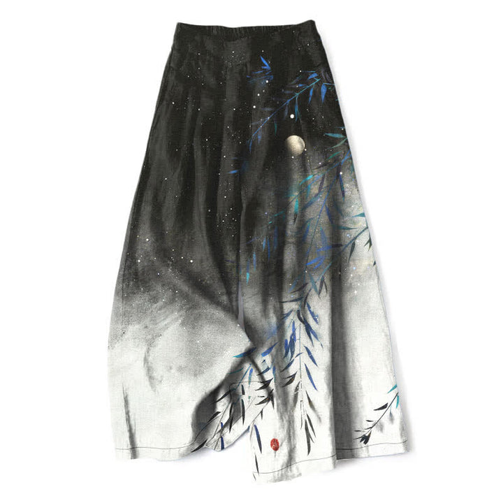 Buddha Stones Baumwoll-Leinen-Hose mit Mondschein-Bambusmuster, elastischem Bund, weitem Bein und Taschen - Schwarz - US16, UK/AU20, EU48 (3XL) - image 0