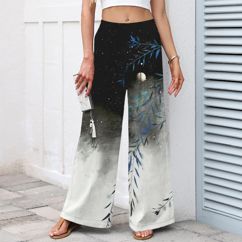 Buddha Stones Baumwoll-Leinen-Hose mit Mondschein-Bambusmuster, elastischem Bund, weitem Bein und Taschen - image 1