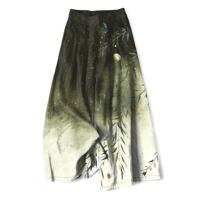 Buddha Stones Baumwoll-Leinen-Hose mit Mondschein-Bambusmuster, elastischem Bund, weitem Bein und Taschen - Dunkelolivgrün - US16, UK/AU20, EU48 (3XL) - image 5