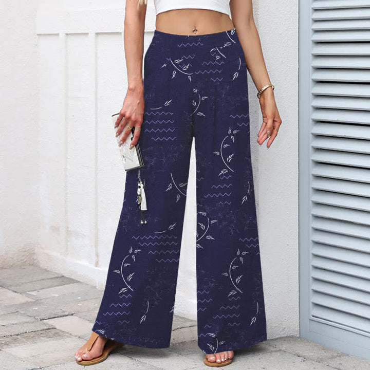 Buddha Stones Baumwoll-Leinen-Hose mit botanischem Wellenmuster, elastischem Bund, weitem Bein und Taschen - image 1