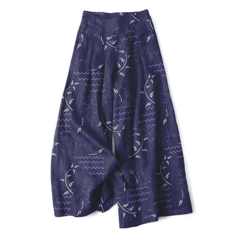 Buddha Stones Baumwoll-Leinen-Hose mit botanischem Wellenmuster, elastischem Bund, weitem Bein und Taschen - Marine - US16, UK/AU20, EU48 (3XL) - image 0