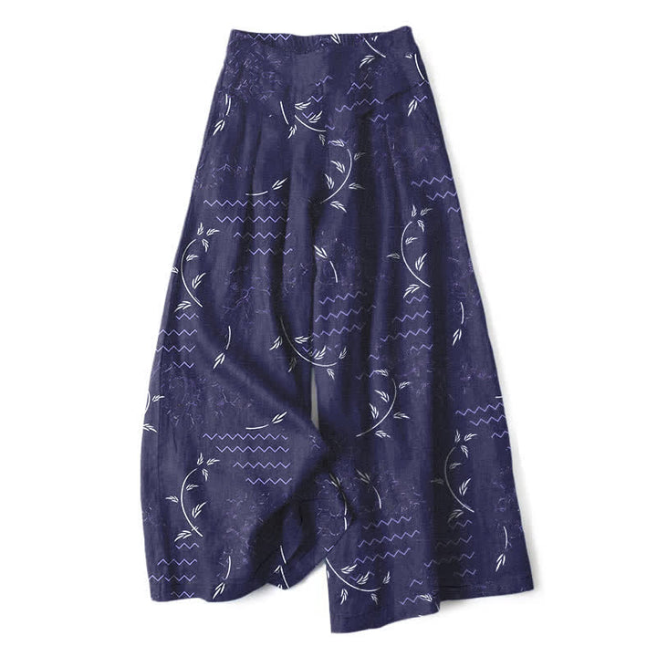 Buddha Stones Baumwoll-Leinen-Hose mit botanischem Wellenmuster, elastischem Bund, weitem Bein und Taschen - Marine - US16, UK/AU20, EU48 (3XL) - image 0