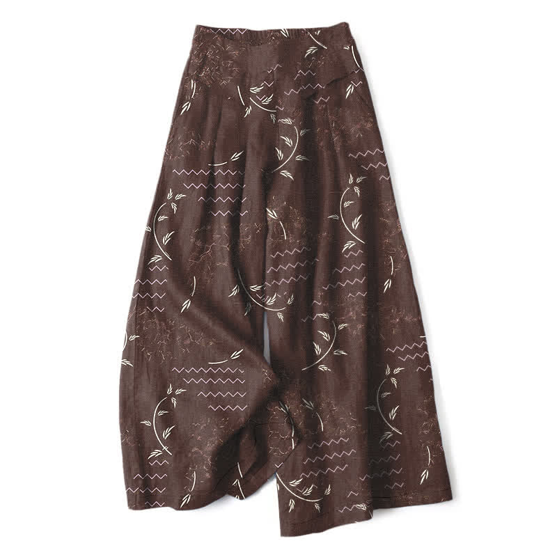 Buddha Stones Baumwoll-Leinen-Hose mit botanischem Wellenmuster, elastischem Bund, weitem Bein und Taschen - Sattelbraun - US16, UK/AU20, EU48 (3XL) - image 5