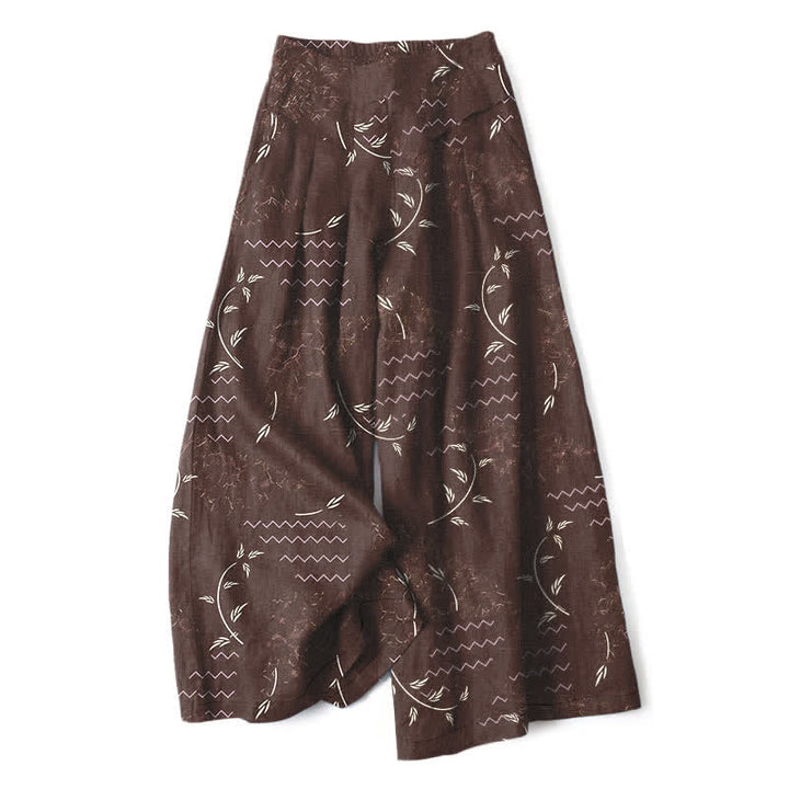 Buddha Stones Baumwoll-Leinen-Hose mit botanischem Wellenmuster, elastischem Bund, weitem Bein und Taschen - Sattelbraun - US16, UK/AU20, EU48 (3XL) - image 5