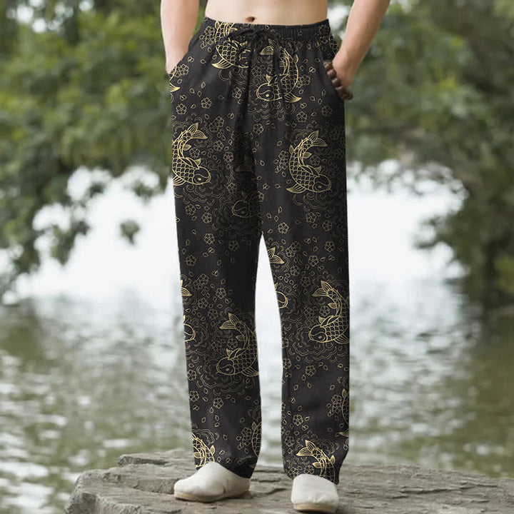 Buddha Stones Herrenhose aus Baumwolle mit goldenem Koi-Fisch- und Blumenmuster, schmal zulaufend und mit Taschen - Schwarz - US/ UK/AU50, EU60 (5XL) - image 0