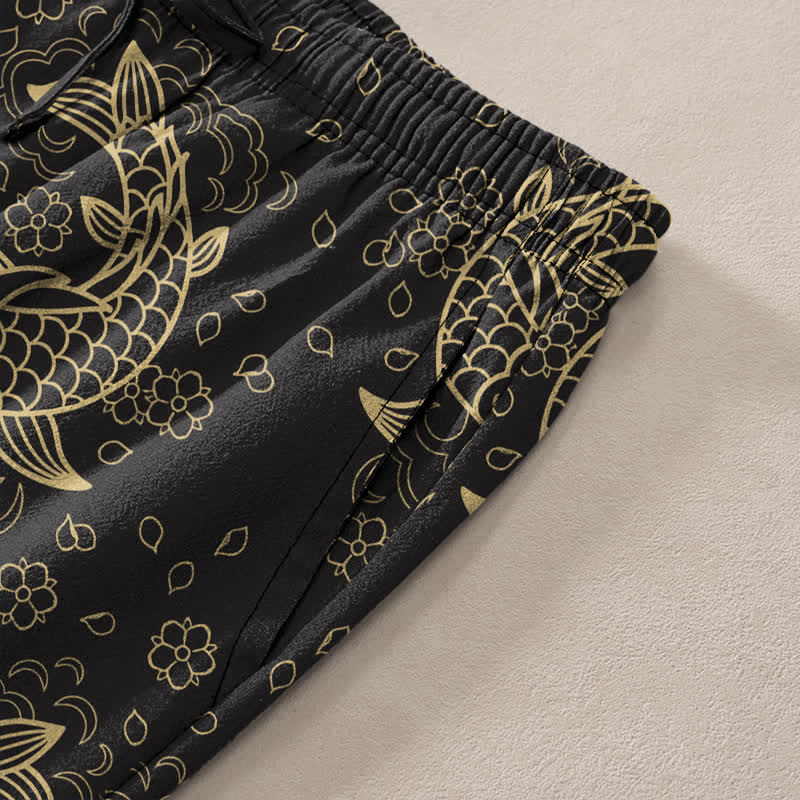 Buddha Stones Herrenhose aus Baumwolle mit goldenem Koi-Fisch- und Blumenmuster, schmal zulaufend und mit Taschen - image 2