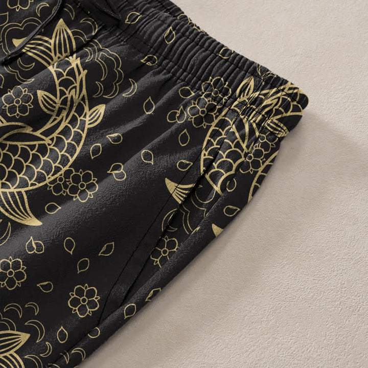 Buddha Stones Herrenhose aus Baumwolle mit goldenem Koi-Fisch- und Blumenmuster, schmal zulaufend und mit Taschen - image 2
