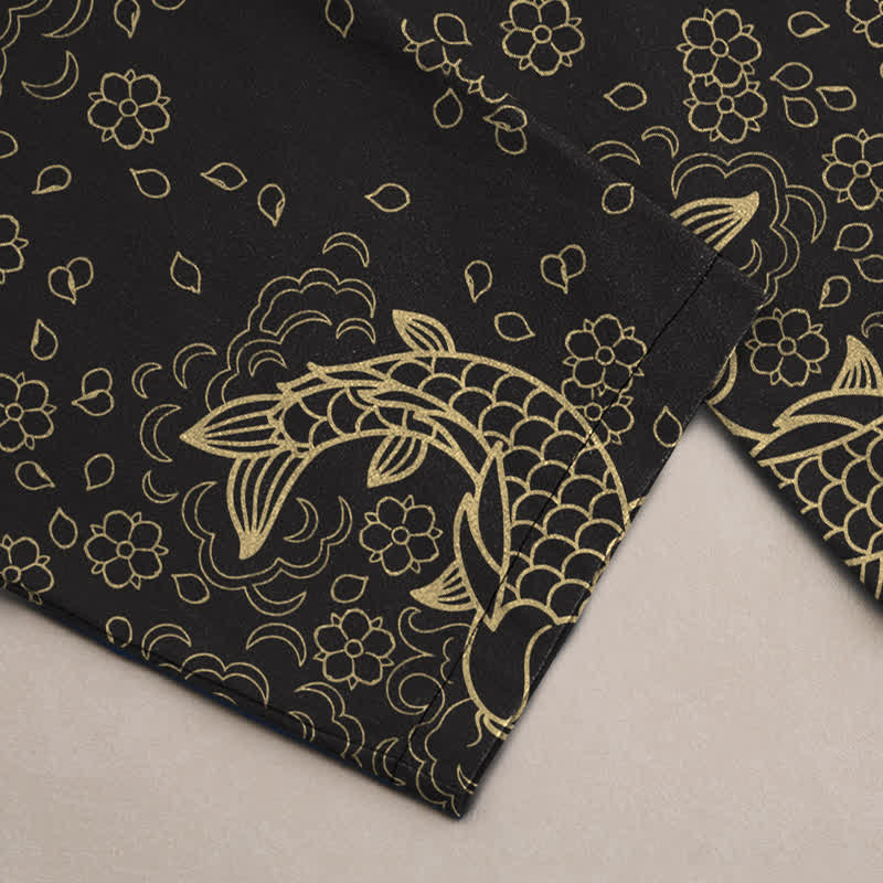Buddha Stones Herrenhose aus Baumwolle mit goldenem Koi-Fisch- und Blumenmuster, schmal zulaufend und mit Taschen - image 3
