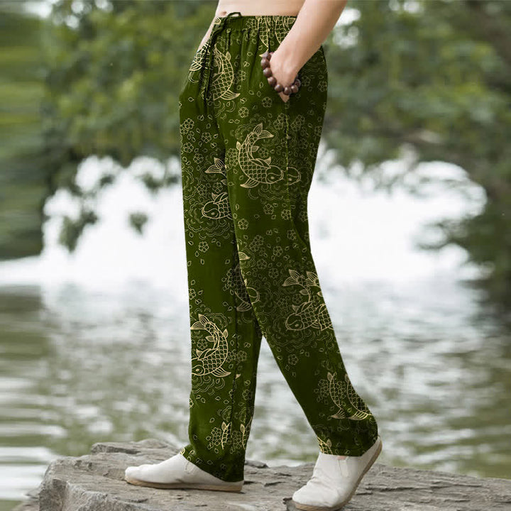 Buddha Stones Herrenhose aus Baumwolle mit goldenem Koi-Fisch- und Blumenmuster, schmal zulaufend und mit Taschen - image 5