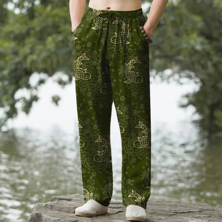 Buddha Stones Herrenhose aus Baumwolle mit goldenem Koi-Fisch- und Blumenmuster, schmal zulaufend und mit Taschen - Olivgrün - US/ UK/AU50, EU60 (5XL) - image 4